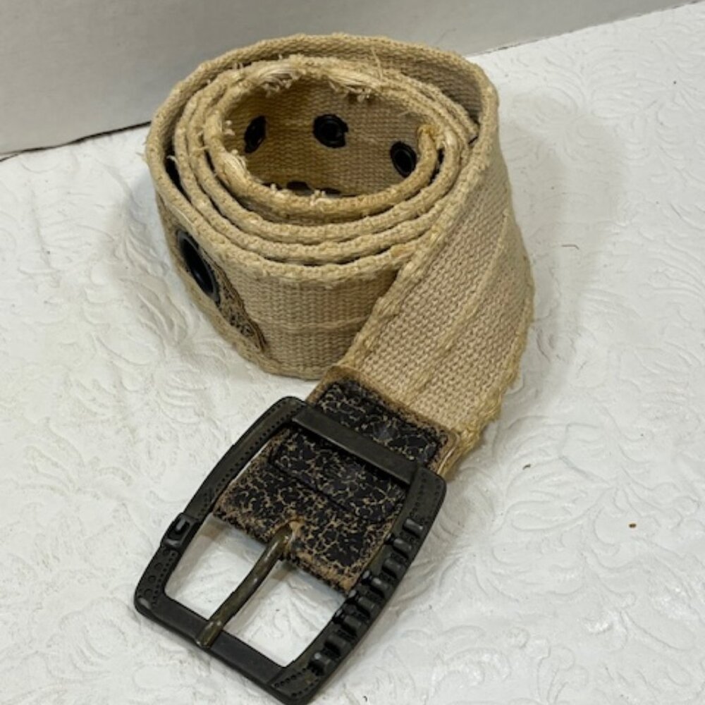 Beige Distressed Canvas Faux Leather Accents Metal Grommet Holes Belt 37"